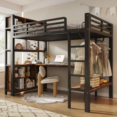 Produktbild von Hochbett mit Schreibtisch, Regal, Kleiderständer, Kinderbett, Ohne Matratze, 90 x 200 cm, Schwarz