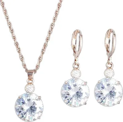 Produktbild von Modeschmuck-Set mit runder Strass-Anhänger-Halskette, Braut-Leaverback-Ohrringen-Golden