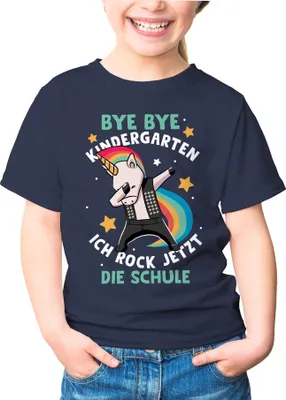 Produktbild von Kinder T-Shirt Jungen Einhorn Bye Bye Kindergarten ich rock jetzt die Schule Geschenk zur Einschulung Schulanfang Moonworks® navy 122-128 (7-8 Jahre)