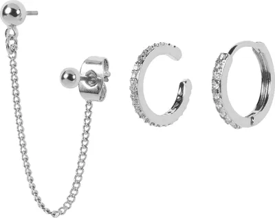 Produktbild von styleBREAKER Damen Ohrring Set 4-Teilig mit Single Ear Stecker mit Kette, Creole und Ear Cuff Ohrklemme mit Strass 05090040