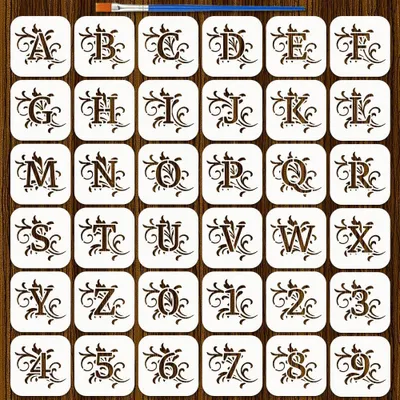 Produktbild von Set mit 36 Buchstaben- und Ziffernschablonen mit Pinsel, 10x10 cm