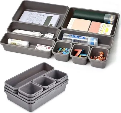 Produktbild von 8 Stück Büro-Lade-Organizer, Schiebe-Wände mit 3 Maßen, Büro-Opbergschachtel für Make-up, Büro, Bad, Office, Küche (hellgrau)