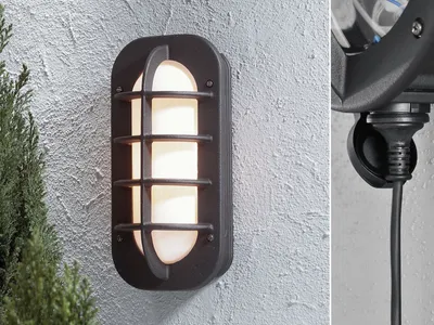 Produktbild von LED Außenwandleuchte Fassadenbeleuchtung mit Steckdose Kellerlampe Schwarz, oval