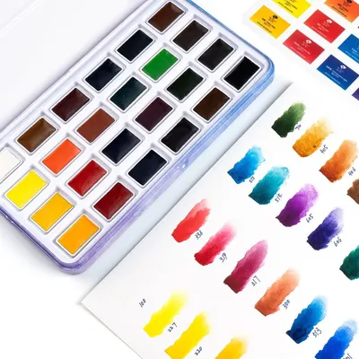 Zdjęcie produktu dla Zestaw farlowych Rubens, 24 kolory, farby akwarelowe w stałej formie, niebieskie, przenośne metalowe pudełko z paletą, o wysokiej pigmentacji, idealne dla początkujących