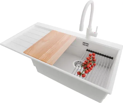 Produktbild von PRIMAGRAN Granitspüle Weiß 90x50cm, Spülbecken 1 Becken + Küchenarmatur 38x14cm + Ablauf-Set + Küchenzubehörset, Küchenspüle ab 60er Unterschrank - Sydney