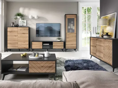 Produktbild von Wohnzimmer - Set Wohnwand DIAMOND 1 schwarz / evoke eiche TV Lowboard Kommode Couchtisch Vitrine
