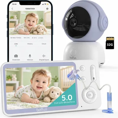 Produktbild von 5 Zoll Babyphone mit Kamera 2K Babyfon PTZ 355° Bewegungs und Geräuscherkennung Temperatur Luftfeuchtigkeit Tracking Halterung 32GB