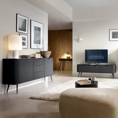 Produktbild von Wohnzimmer Set 3-teilig schwarz mit Rillen, Metallfüße schwarz, ZARA-160