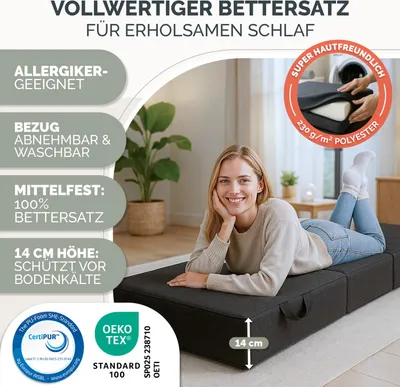 Produktbild von Blumtal Klappmatratze 120x200 cm - 3teilige Gästematratze klappbar extra dick (14 cm) - rückenfreundliche Faltmatratze 140x200 Schaumstoff - Schlafmatratze + Bezug Anthrazit hautfreundlich & waschbar