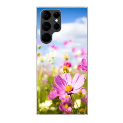 Produktbild von MuchoWow® Handyhülle Schutzhülle Hülle für Samsung Galaxy S22 Ultra Blumen - Wiese - Lila - Gras - Weiß - Wolken - Blau Silikon Softcase Handy Hülle - Abbildung
