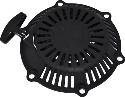 A black starter recoil pull starter for a lawnmower.