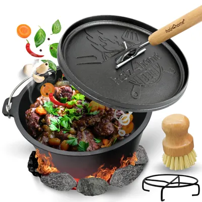 Produktbild von Dutch Oven ohne Füße I eingebrannter Feuertopf aus Gusseisen I inkl. Deckelheber, Topfständer und Reinigungsbürste