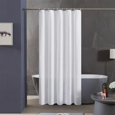 Produktbild von Duschvorhang 120x180 cm, textiler Badezimmervorhang aus Polyestergewebe, schimmelresistent, wasserabweisend, waschbar, weiß mit 8 Duschvorhangringen.