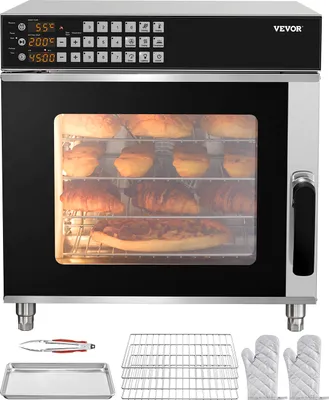 A commercial convection oven with baked goods inside, along with accessories like oven mitts, a baking tray, and wire racks.
