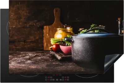 Produktbild von KitchenYeah© Herdabdeckplatte Rustikal - Stilleben - Pfanne - Gemüse , 81x52cm, Küche Deko, Glaskeramikkochfeld Herdabdeckung, Abdeckplatte fùr Kochfeld