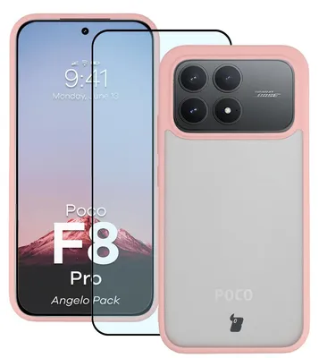 Produktbild von Schutzhülle + gehärtetem Glas für Xiaomi POCO F8 Pro, Bizon Angelo Pack, Semitransparent mit hellrosem Rahmen
