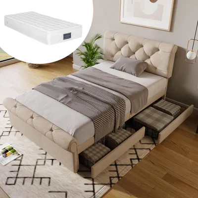 Image de MODFU Lit Simple 90x200 cm - Lit Capitonné Ado avec Rangement et Tiroirs - Matelas Inclus, Gris Clair