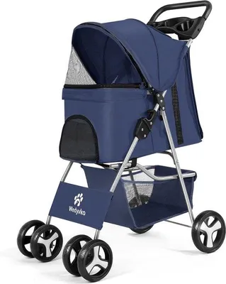 Image de Poussette pour chiens et chats, 4 roues, pliable, avec bac de rangement, direction à 360°, freins, pour animaux de petite à moyenne taille, bleu