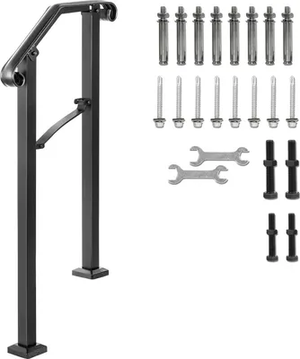 Image de SucceBuy Mains courantes pour escaliers extérieurs - rampe réglable en fer forgé pour 1 ou 2 marches, main courante flexible noire de véranda pour escaliers en béton ou en bois
