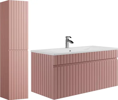 Produktbild von Waschbeckenunterschrank hängend mit Ablagen & Einbauwaschbecken - Streifenoptik - Rosa - 100 cm - SATARA