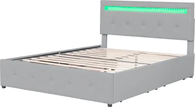 Produktbild von Polsterbett 140 x 200 cm LED Kopfteil Schubladen Leinen Grau