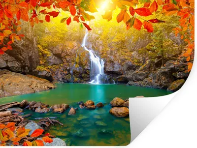 Produktbild von MuchoWow® Wandtattoo Wandsticker Wandaufkleber Steine - Baum - Wasserfall - Herbst - Rot 120x90 cm Selbstklebend und Repositionierbar - Aufkleber