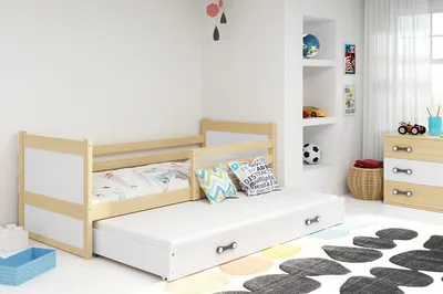 Produktbild von Kinderbett mit Zustellbett und Matratzen 90x200 FERGUS – Kiefer / Weiß