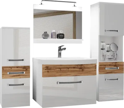 Immagine prodotto di Set completo di mobili da bagno BELINI mobile lavabo, 1x mobile piccolo, 1x mobile alto, lavabo, specchio, lampada (bianco / rovere Wotan, lucido e opaco)