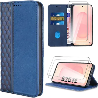 Image de Coque + 2 Verres Trempés pour Samsung Galaxy S25 FE, Effet Cuir Anti-Rayures Motif Mosaïque Bleu Marine