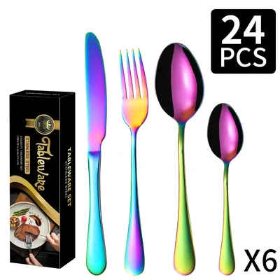 Imagen del producto de Juego de cubiertos de acero inoxidable de 24 piezas, que incluye cuchillos, tenedores y cucharas, en varios colores