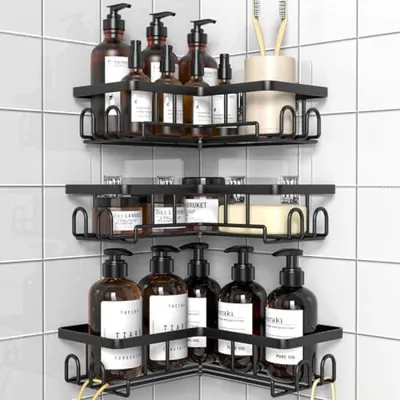 Productafbeelding van PromoHome® Doucheplank Organizer – Rechthoekige doucheplanken, set van 3, zwart, 45x45x4 cm, metaal, met plakmontage