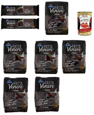 Produktbild von Riso Scotti Pasta Venere Testpaket Spaghetti - Fusilli - Penne, Rigatoni, Pasta aus Hartweizengrieß und Schwarzem Venere-Vollkornr'eismehl,Packung mit 8x 400g + Italian Gourmet Polpa 400g