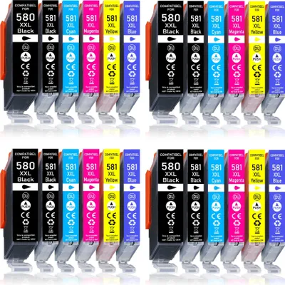 A collection of printer ink cartridges arranged in rows on a white background.