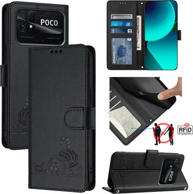 Obrázek produktu pro Kožené pouzdro pro Xiaomi Poco C40 / Redmi10C, sladká kočka Flip pouzdro s funkcí stojánku a peněženkou černé