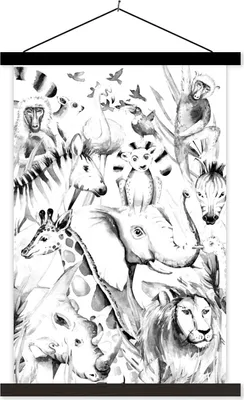 Produktbild von MuchoWow® Textilposter Aquarelle - Tiere - Dschungel - Pastell - Jungen - Mädchen - Kinder 40x60 cm mit schwarzem Rahmen - Wanddekorationen