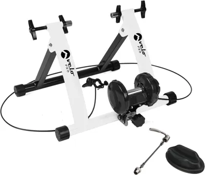 Produktbild von Magnetischer Rollentrainer Velo Pro Weiß mit Matte – Klappbarer Indoor-Fahrradtrainer mit 6 Widerstandsstufen, kompatibel mit 26”–28” und 700C – Ideal für Training zu Hause