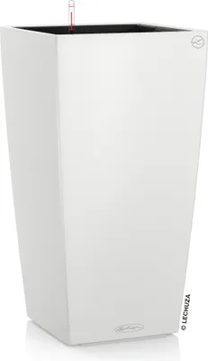 A white planter with a water level indicator.