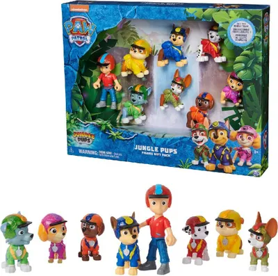 A gift set of Paw Patrol Jungle Pups figures in their packaging, with a separate display of the figures below.