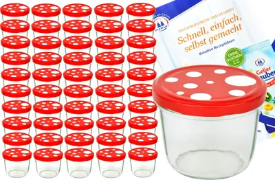 Image de lot de 50 pots 230 ml To 82 Fliegenpilz Couvercle rouge blanc à pois avec livret de recettes Gelierzauber