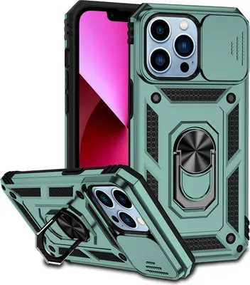 Image de Étui pour iPhone 12 Pro étui double couche avec couvercle coulissant pour appareil photo et support annulaire vert