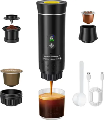 Zdjęcie produktu dla Przenośna kawiarka samochodowa - ekspres do espresso 12V - akumulator ładowalny - szybkie nagrzewanie - do samochodu i na kemping - kompatybilna z kapsułkami i kawą mieloną - czarna