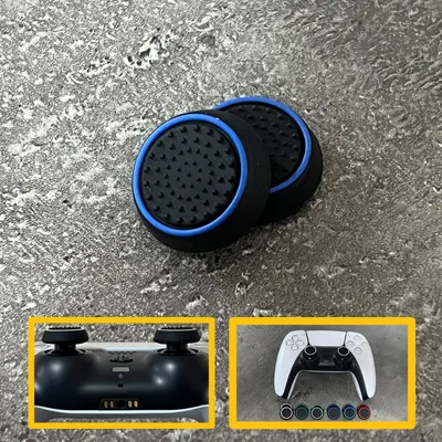 Two black and blue thumbstick grips with a textured surface are shown on a gray, speckled background. Two inset images show the bottom of a black controller and the front of a white controller with colored buttons.