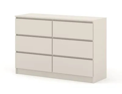 A beige dresser with six drawers against a white background.