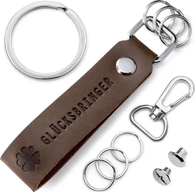 Produktbild von FABACH Leder Schlüsselanhänger mit wechselbarem Schlüsselring in Geschenkbox - Kleeblatt Glücksbringer Schlüsselanhänger mit Gravur- - Kleiner Glücksbringer - Viel Glück - Viel Erfolg