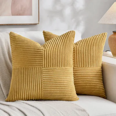 Produktbild von Set mit 2 Kurkuma-Kissenbezügen (80 x 80 cm), weiche, moderne Dekokissen im Boho-Stil für Sofa, Schlafzimmer, Wohnzimmer und Bett