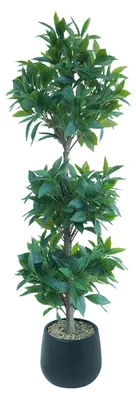 Obrázok produktu pre Umelo vyzerajúci vavrínový strom – topiary s tromi guľami v kvetináči – výška 120 cm – odolný voči UV žiareniu – s machom – čierna kvetináča – určené na vnútorné použitie