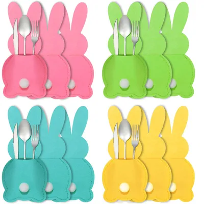 Produktbild von 12 Stück Filz Besteckhalter für Ostern - Niedliche Osterhasen Bestecktaschen