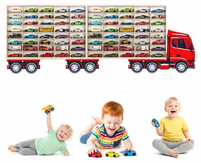 Modellauto-Regal für 80 Autos 1:64 – 2 Wandregale als Setzkasten für Spielzeugautos, Lkw-Motiv, Rot, Birken-Sperrholz – mit Modellautos an der Wand