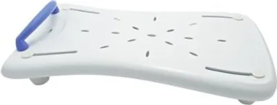A white and blue bathtub board with a handle, shown from a side angle.