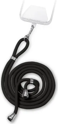 A black smartphone necklace patch and cord are coiled on a white background.